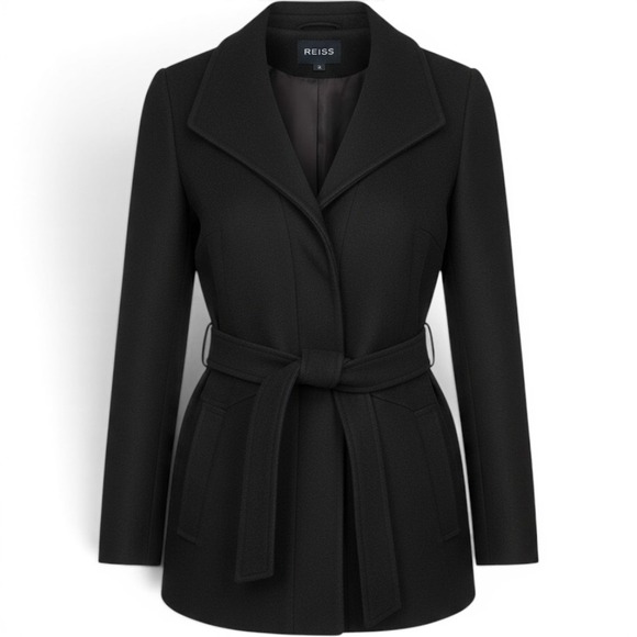 Reiss Jackets & Blazers - Reiss Black Wool Cashmere Blend Belted Wrap Coat Short Jacket Womens Medium